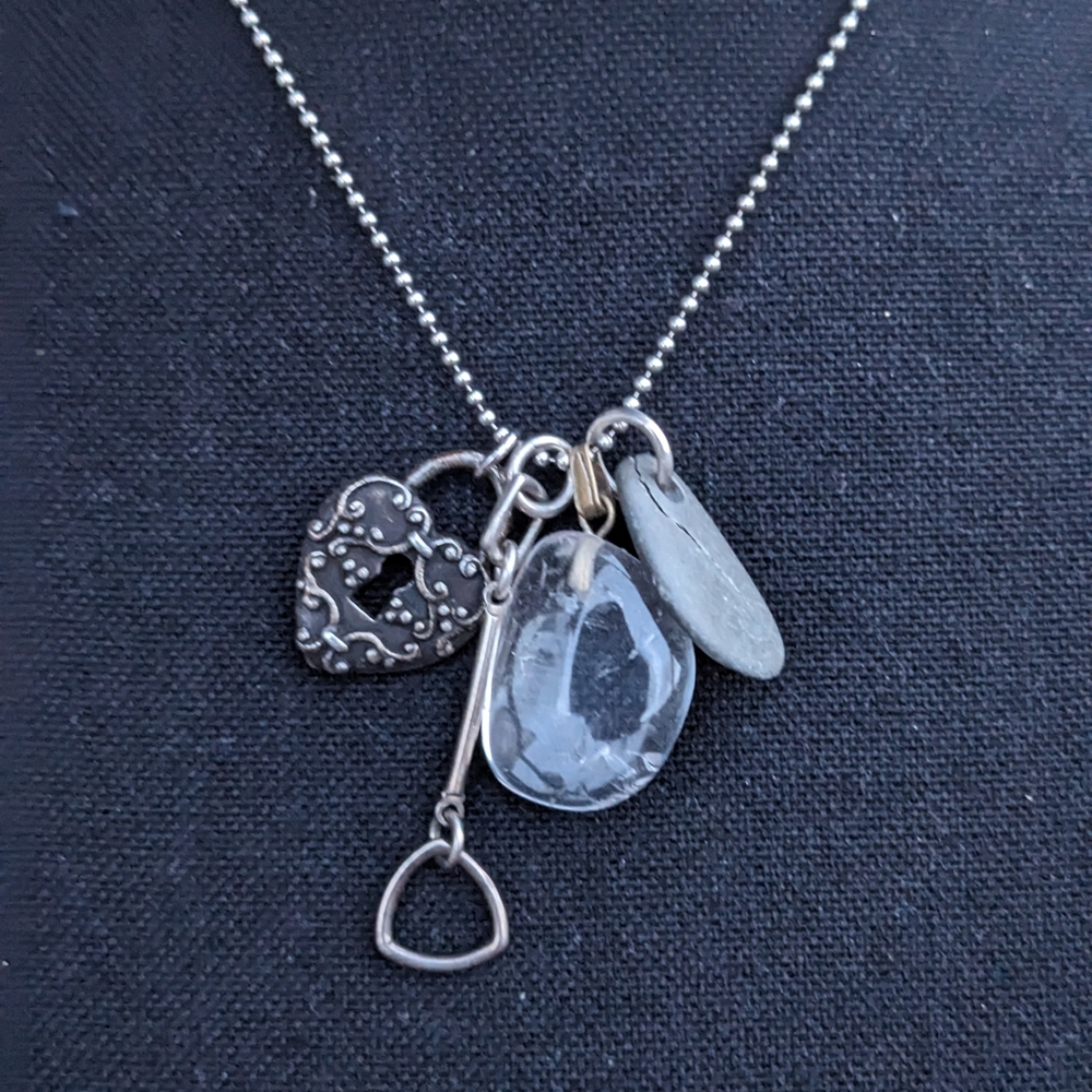 Sterling Silver Mixed Media Stone, Heart Multi Charm Necklace